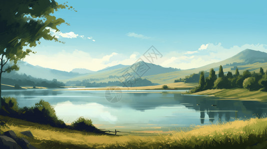 环湖宁静的湖面和山脉插画