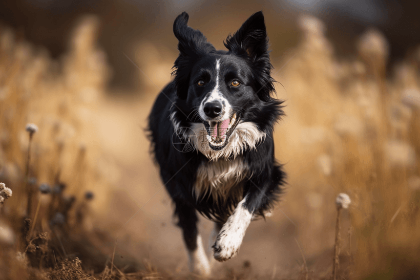 边境牧羊犬在田野中奔跑图片