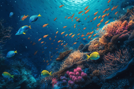 大海颜色珊瑚礁中游泳的鱼背景