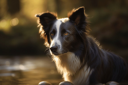 可爱小狗高清主题: 边境牧羊犬。观点: 玩取球。背景: 绿树成荫的河岸。风格: 。照明: 柔和宁静。，高清背景