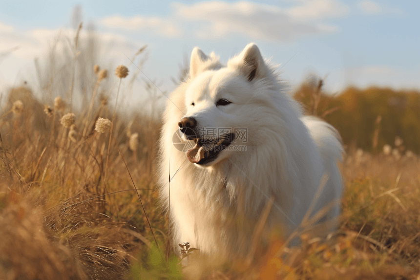 在草地上玩耍的萨摩耶犬图片