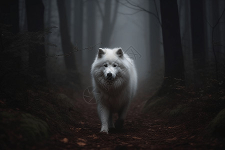 树林里的萨摩耶犬图片