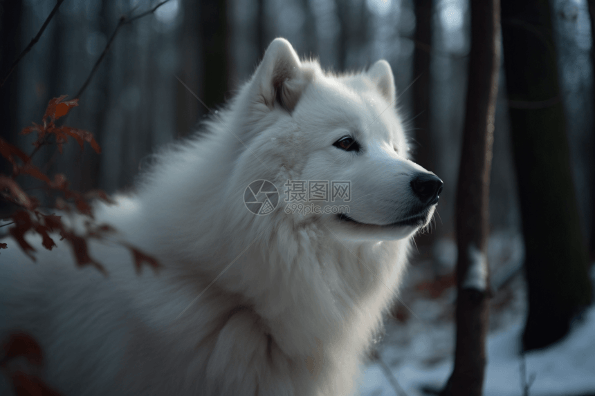 森林中的萨摩耶犬图片