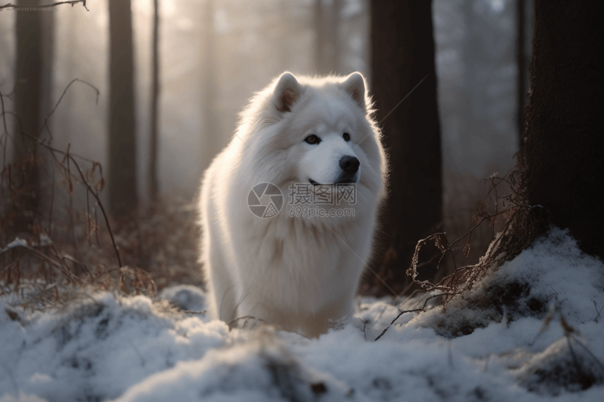 雪林中的萨摩耶犬图片