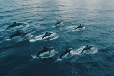 蓝色大鲸鱼大海中欢快的海豚背景