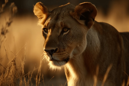 非洲大草原上的狮子。风格: 逼真的温暖照明。，高清背景图片