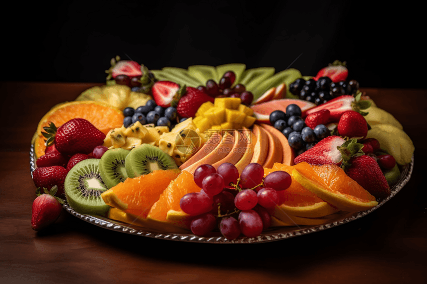 水果拼盘: 盛满各种切片水果的拼盘，以视觉上吸引人的图案排列，混合了颜色和纹理。图片