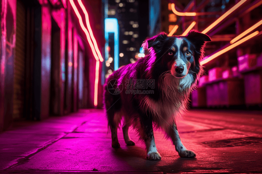牧羊犬在霓虹城市中图片