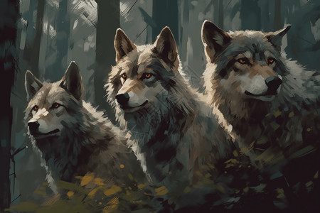 森林中的狼群插画图片