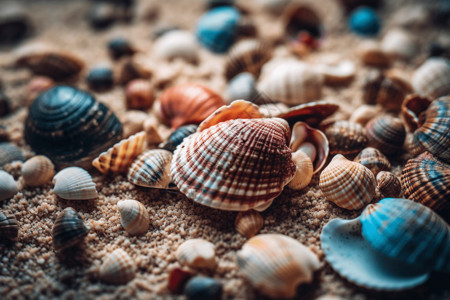 彩色沙子沙滩上美丽的彩色贝壳背景