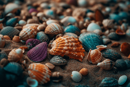 彩色沙子海边的彩色贝壳背景