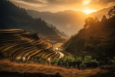 上堡梯田日出山坡上的梯田背景