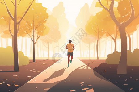 阳光洒在树林里男人在公园里跑步插画