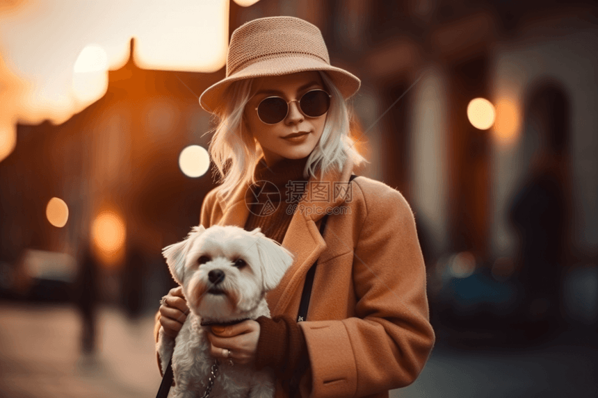 女人和狗在街道上散步图片