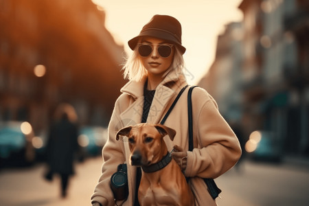 在街道上遛狗的女人图片
