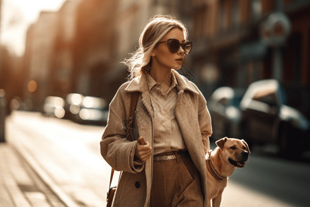 一个时髦的女人在城市里遛狗图片