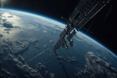 空间站绕地球运行3D设计渲染图卫星高清图片素材