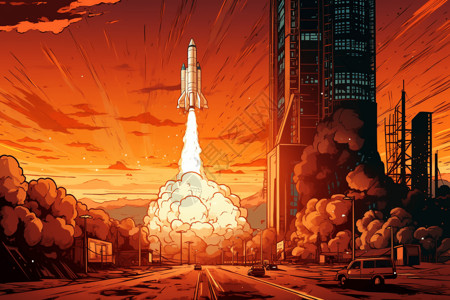 火箭从发射台起飞卡通插图背景图片
