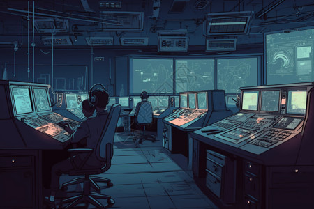 火箭发射控制室卡通插图图片