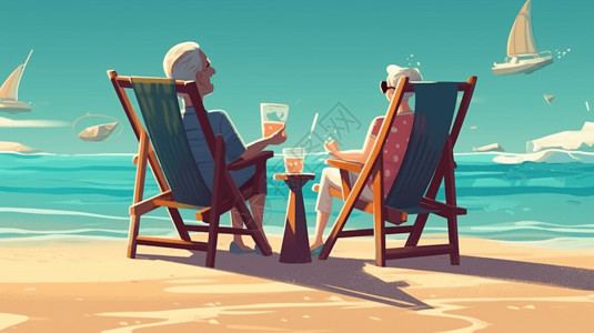 夫妇坐在沙滩椅上平面插图背景图片