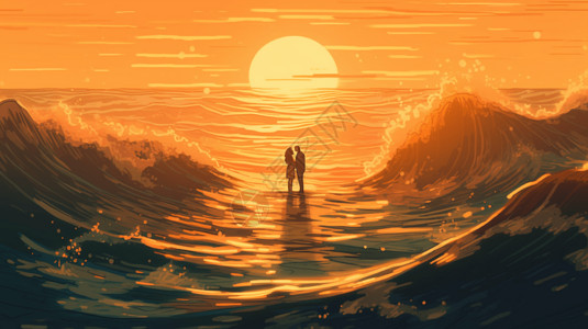 夫妇在海水中拥抱场景图片