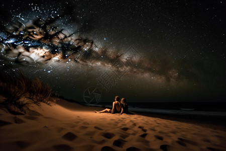 夫妇躺在沙滩上凝视星星图片