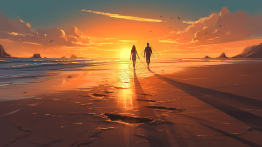 沙滩漫步夫妇漫步在沙滩场景插画