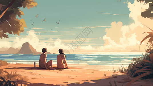 钱塘江潮水恋人坐在沙滩上场景插画