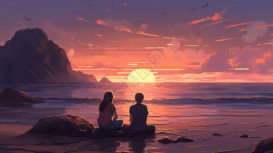 坐在海滩人两个人坐在沙滩场景插画
