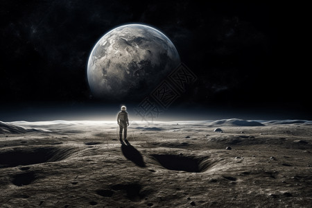 人类科技宇航员站在月球图背景