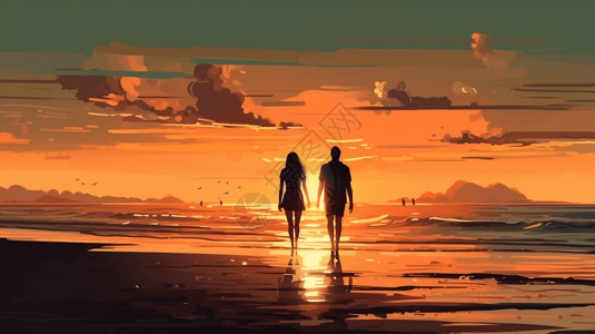 两个牵手的人夫妇赤脚走在沙滩上插画