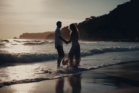 情侣在沙滩跳舞场景图片