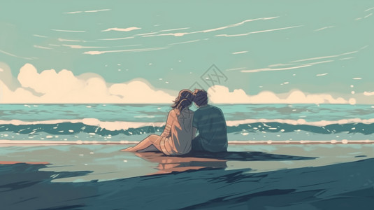 矿泉水里的落日恋人坐在沙滩平面插图插画