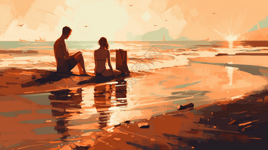 情侣坐在海滩上插图图片