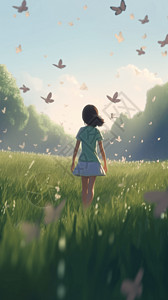 牧场卡通3D女孩在草地奔跑插图设计图片