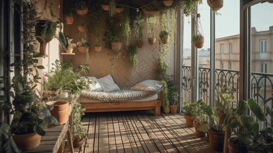 采光充足的阳台盆栽高清图片素材