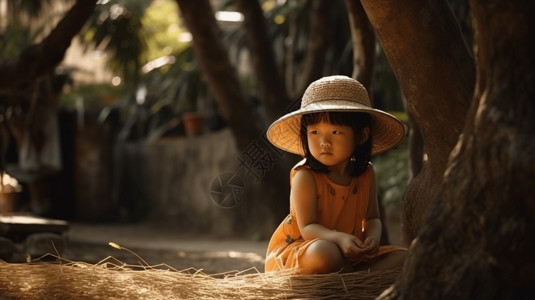 蹲在树下的女孩女孩在树下玩耍背景