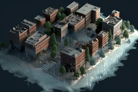 山洪暴发对城市损坏3D插图设计图片