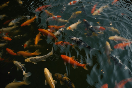 池塘的金鱼鱼类喂鱼高清图片