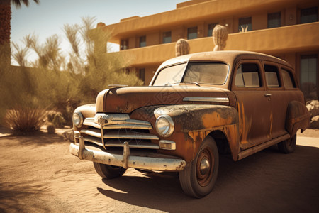 沙漠旅馆车停在沙漠中背景