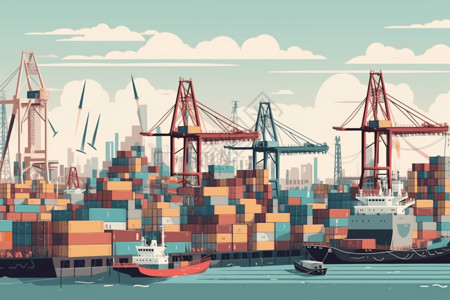 海事堆满集装箱的港口插画