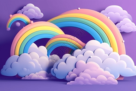 可爱卡通云朵3D渲染彩虹紫色背景背景