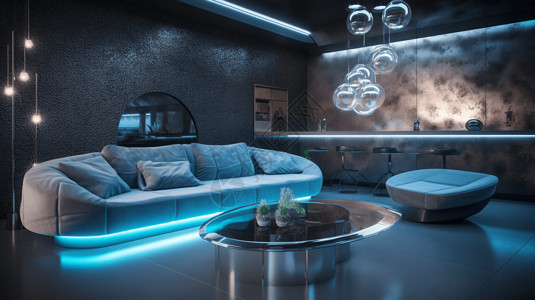 未来主义的客厅，配有雕塑沙发、玻璃茶几和金属装饰墙。灯光凉爽而蓝色，增添了现代而精致的氛围。，超高清背景图片