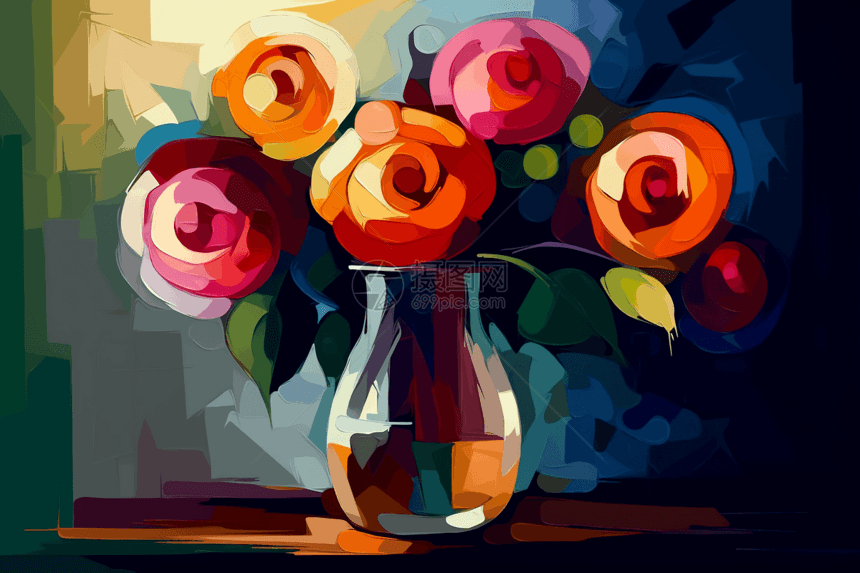 多彩玫瑰花瓶的静物插图图片