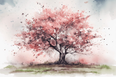 樱花树的水彩插画背景图片