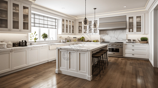 奶油白色厨房3D渲染图背景图片