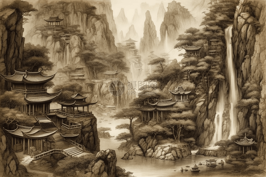 中国庭院山水画图片