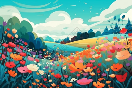 野花和蓝天的插图背景图片