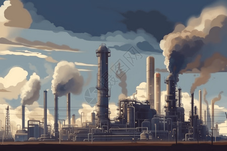 石化一家大型炼油厂将废弃喷向天空插画