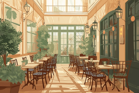 咖啡馆室外咖啡馆露台俯瞰美丽的室外庭院插画